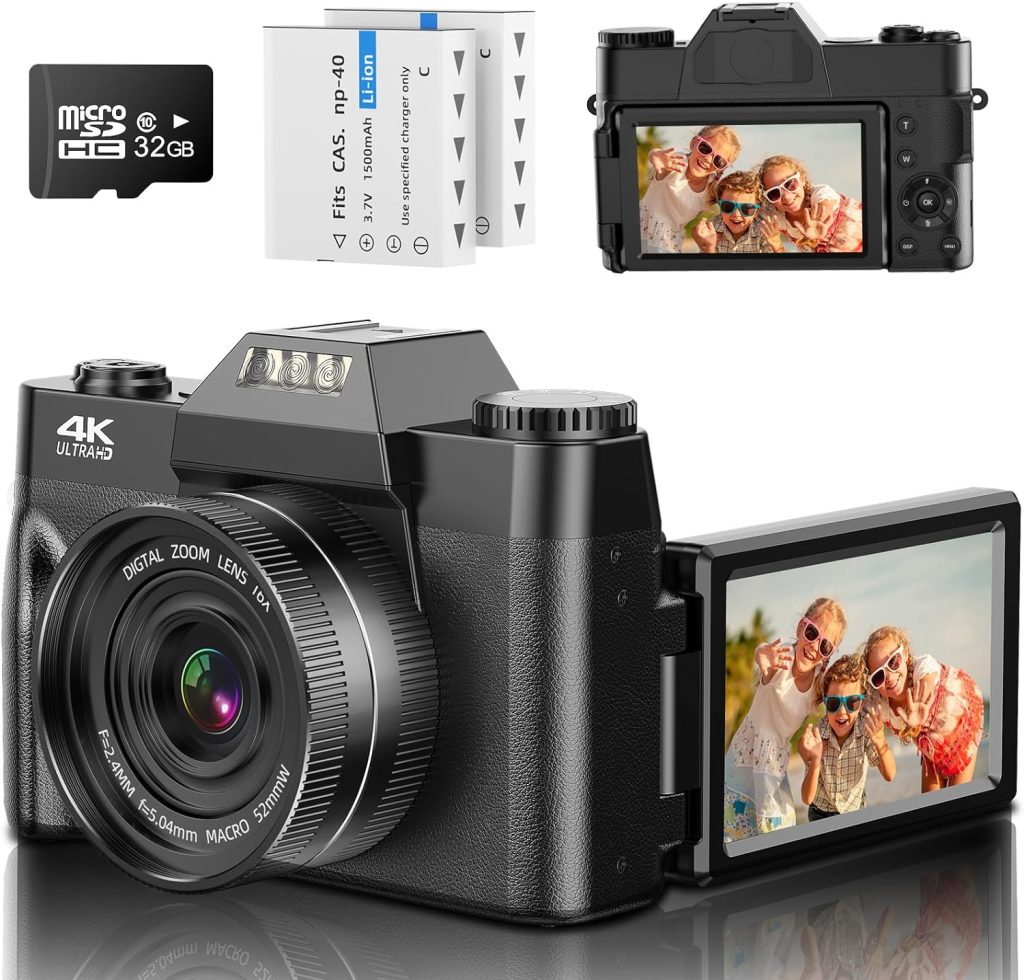 Digital Camera AutoFocus 4K 56MP UHD Vlogging Camera with 16X Digital Zoom 3.0 Inch Compact Camera with 180 Degree Rotation Flip Screen Camera for Beginners Adults 32GB Micro SD Card  2 Batteries