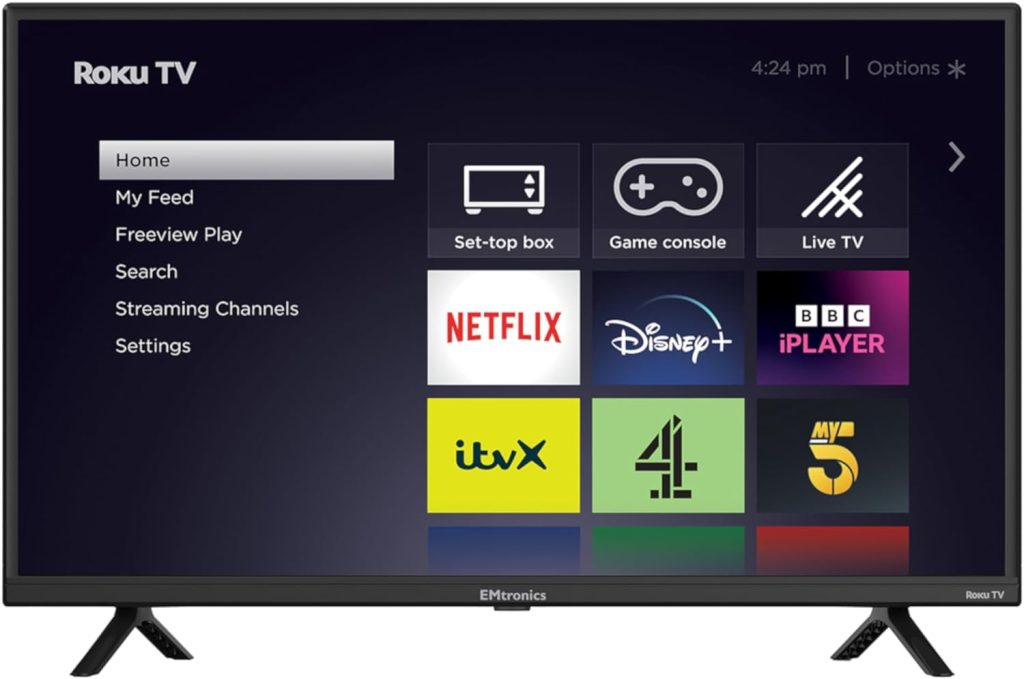 EMtronics EM32ROK Roku TV 32 Inch HD Ready 720p Smart with Netflix, Disney+, BBC, Freeview Play, Dolby Audio, Mobile Control and 3 x HDMI, USB - Black (2024 Model)