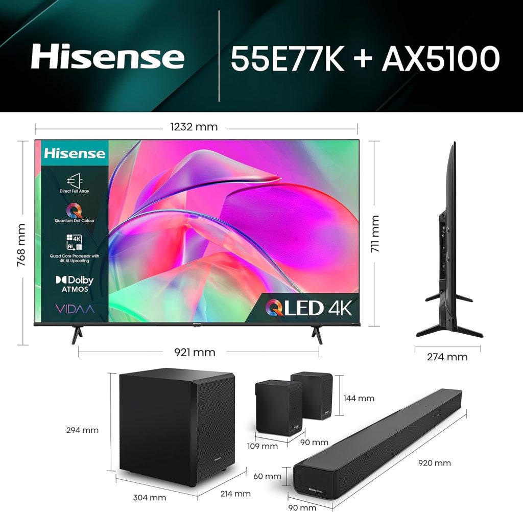 Hisense 50 Inch QLED Smart TV 50E77KQTUK - Quantum Dot Colour, 60Hz VRR, Dolby Vision, BluetoothHDMI, Share to TV, and Youtube, Freeview Play, Netflix and Disney+ (2023 New Model)           [Energy Class G]