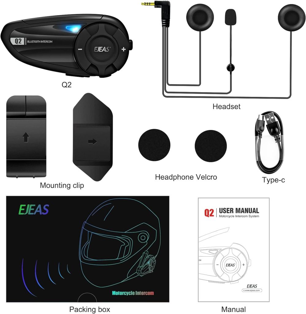 EJEAS Q2 Motorbike Helmet Bluetooth Headset Intercom 2-way Bluetooth 5.1 Motorcycle Communication System 800M Wireless Interphone with Voice Assistant/Noise Cancellation/FM (Q2-2)