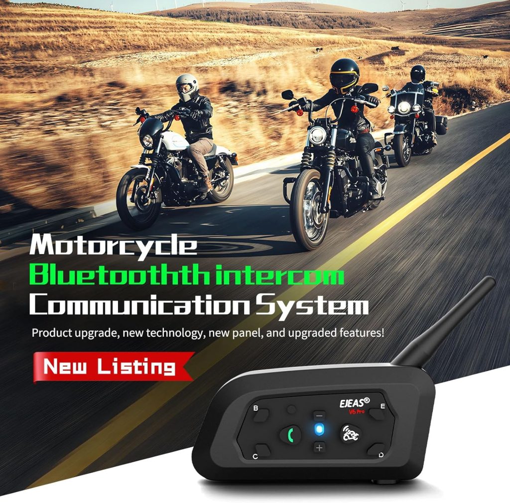 EJEAS V6 Pro+ Motorcycle Helmet Bluetooth Intercom, Upgraded Bluetooth 5.1 Motorbike Riding Communication System with Type-C Interface for 6 People Connected  2 People Intercom (1 Pack)