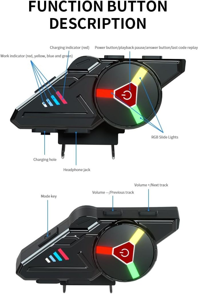 eppfun MT01 Motorcycle Helmet Bluetooth Headset, Bluetooth 5.3 with cVc Noise Cancellation, Siri Voice,IP6 Waterproof, RGB LED