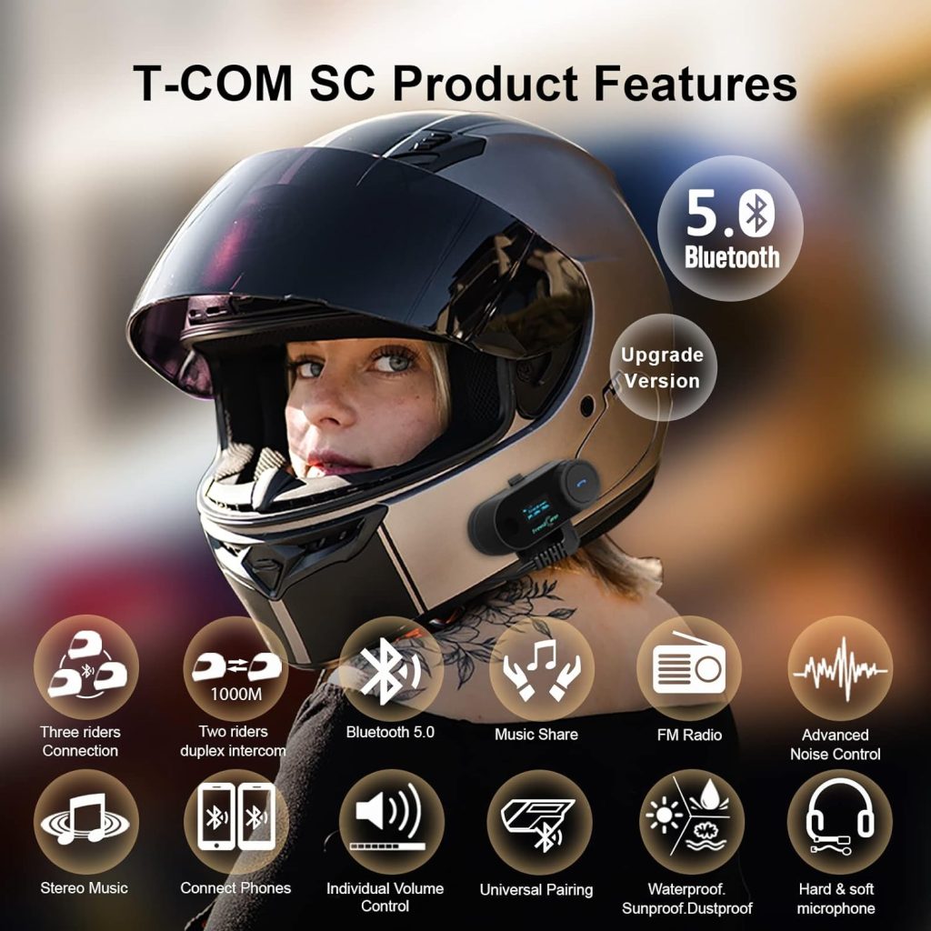 FreedConn Bluetooth Motorcycle Headset T-COM SC BT5.0 Helmet Intercom System with Music Sharing for Motorbike/3 Riders Paring/800M 2 Riders Talking Simultaneously with Hard/Soft Mic Cord