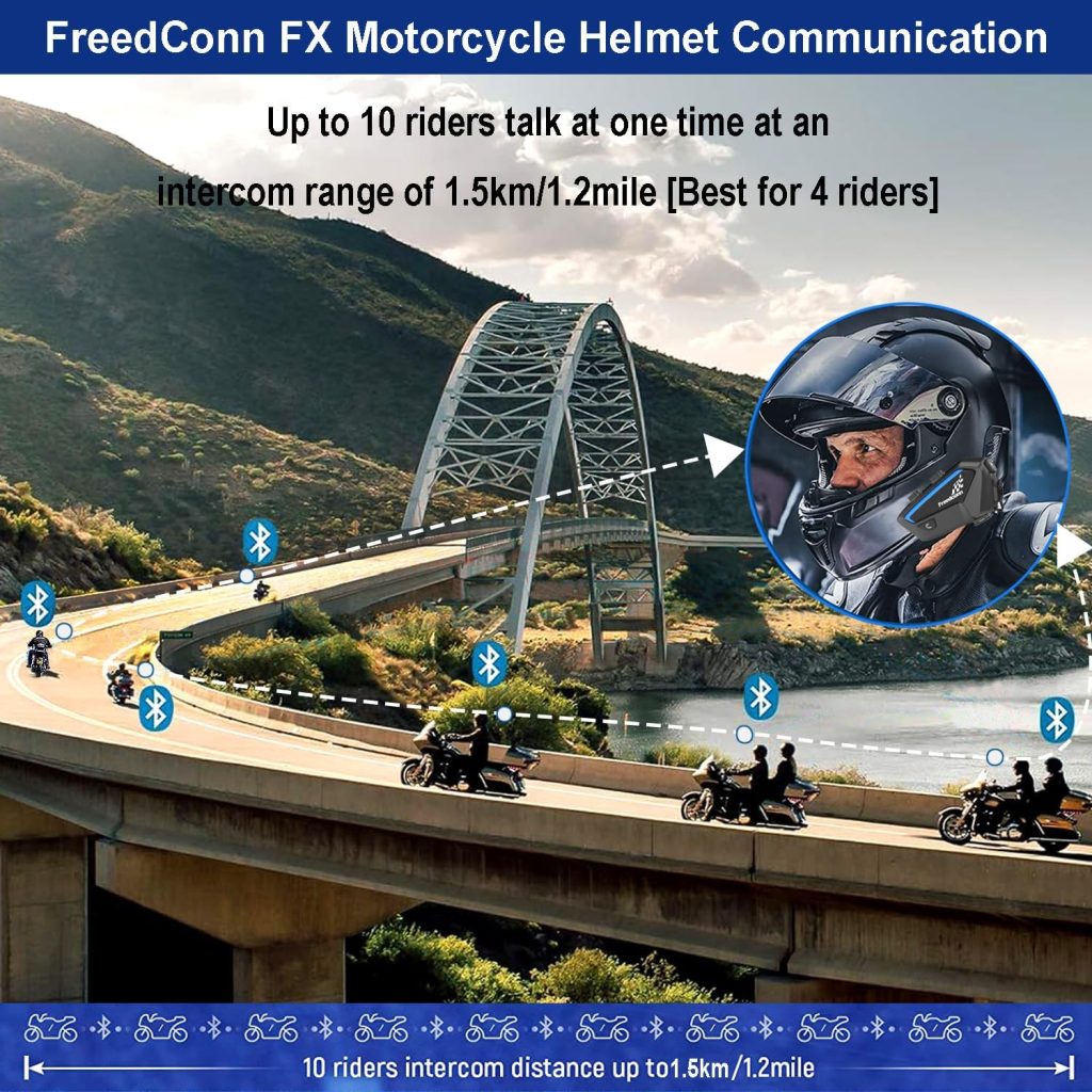 FreedConn FX 10 Riders Motorcycle Bluetooth Headset with Music Sharing, Helmet Bluetooth Intercom with Noise Cancellation/FM Radio/IP67/Ultra-Thin Body, Universal Communication Systems for Motorbike