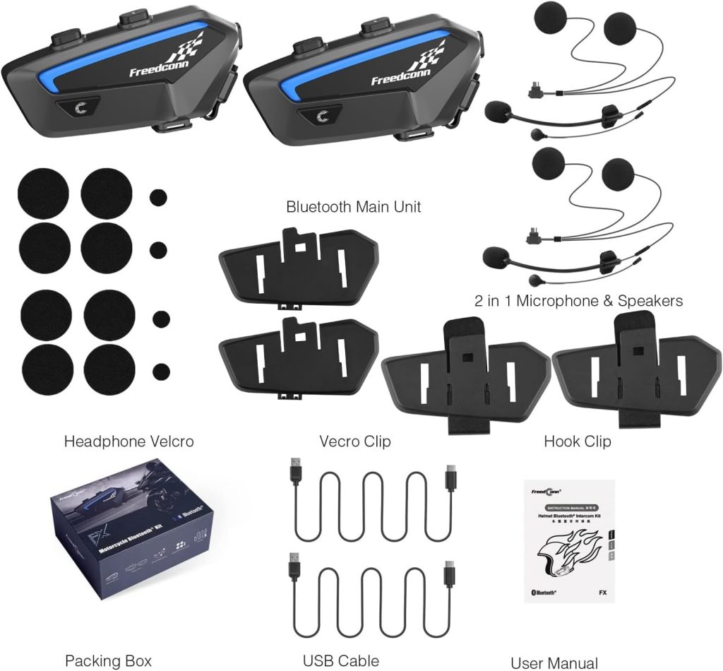 FreedConn FX 10 Riders Motorcycle Bluetooth Headset with Music Sharing, Helmet Bluetooth Intercom with Noise Cancellation/FM Radio/IP67/Ultra-Thin Body, Universal Communication Systems for Motorbike