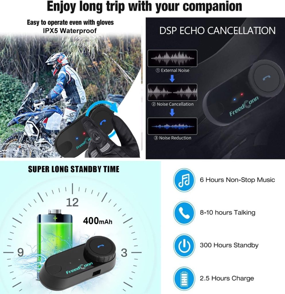 FreedConn TCOM VB Motorcycle Helmet Bluetooth Intercom Headset Communication Systems Kit, for 2 or 3 Riders, FM Radio / MP3/GPS Connective/Range 800m / Handsfree / 1 Pack Changeable Hard  Soft Mic