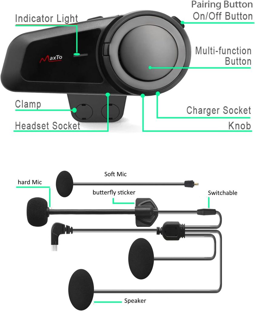 MAXTO Motorbike helmet Headset,M2 1000M 6-way bluetooth intercom,Motorcycle Helmet Communication System kit,2-6 Riders Pairing, BT5.0/FM Radio/Waterproof/Siri/Universal pairing other brands Headset