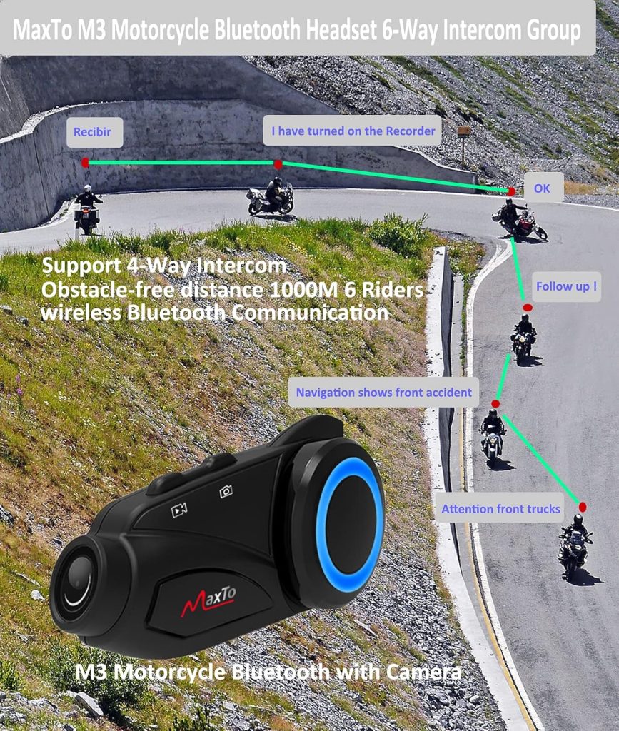 MAXTO Motorcycle Bluetooth Intercom with Camera M3 motorbike Helmet headset,6 Riders1000M intercom Communication system Kit,Wireless Interphone (Siri Google Assistant/Waterproof/FM/TF Card Max 128G)