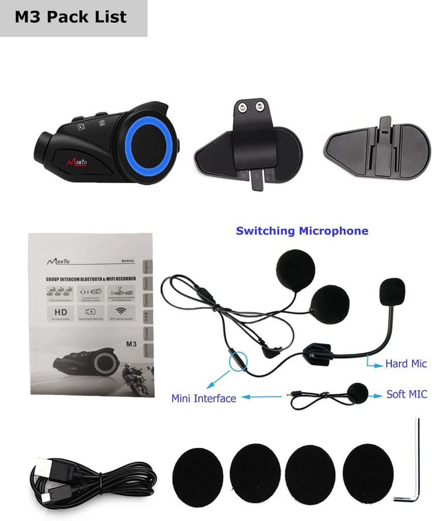 MAXTO Motorcycle Bluetooth Intercom with Camera M3 motorbike Helmet headset,6 Riders1000M intercom Communication system Kit,Wireless Interphone (Siri Google Assistant/Waterproof/FM/TF Card Max 128G)