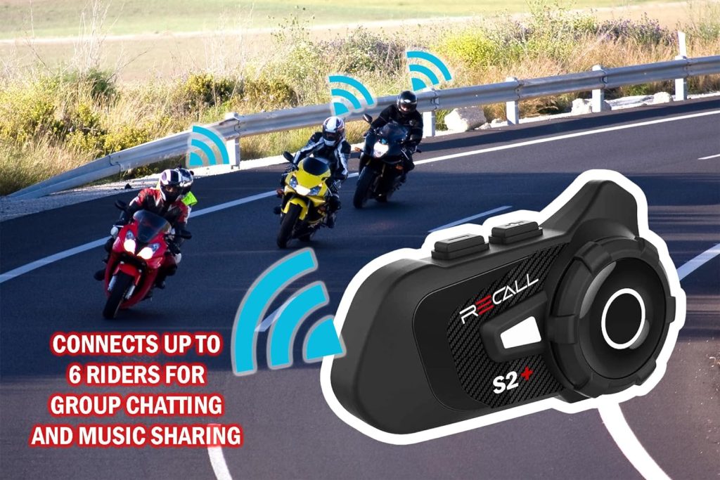 Recall S2+ Motorcycle Motorbike Rider Intercom Bluetooth 5.1 Helmet Headset Up to 6 Riders, 1000m Range, FM radio Music Sharing Voice Chat Group Riding (Carbon)