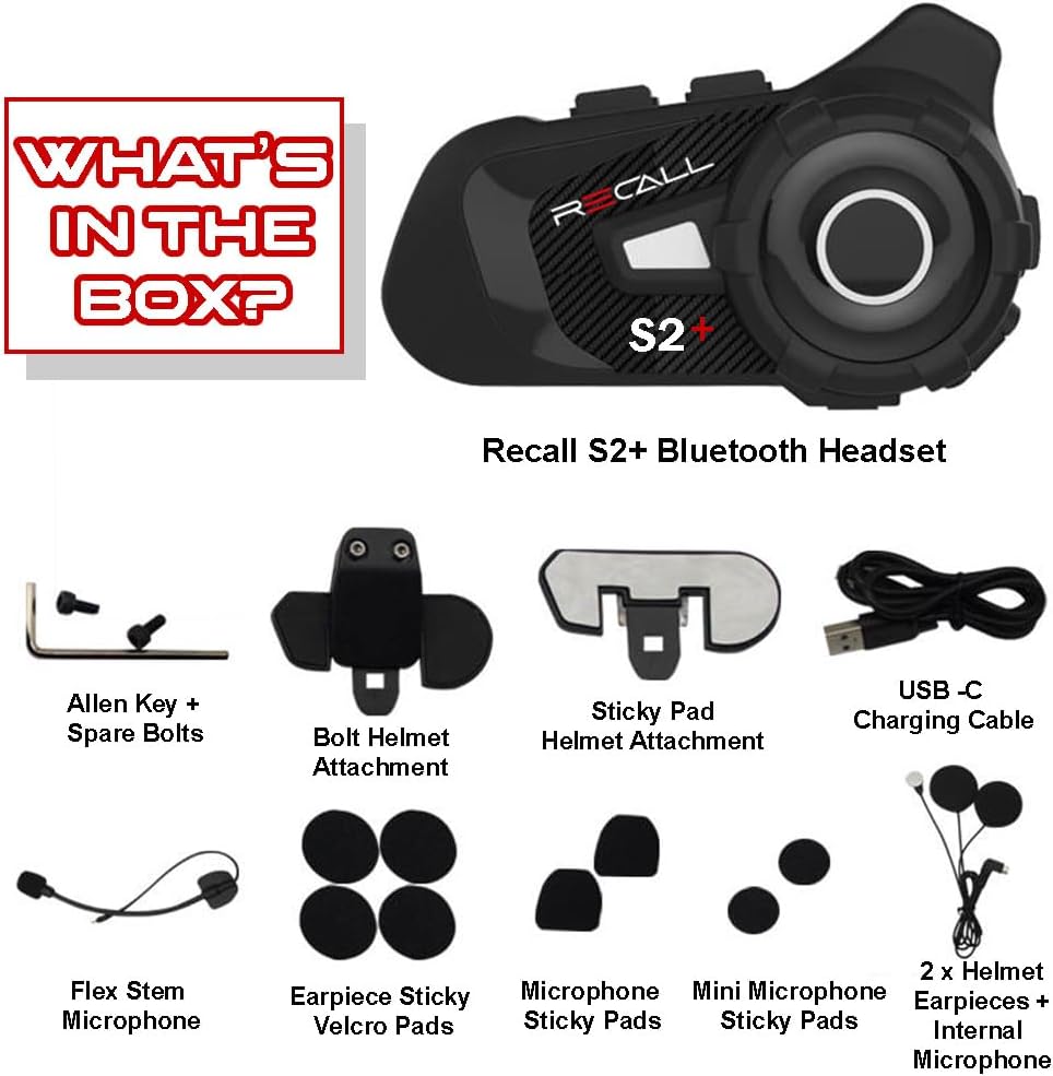 Recall S2+ Motorcycle Motorbike Rider Intercom Bluetooth 5.1 Helmet Headset Up to 6 Riders, 1000m Range, FM radio Music Sharing Voice Chat Group Riding (Carbon)