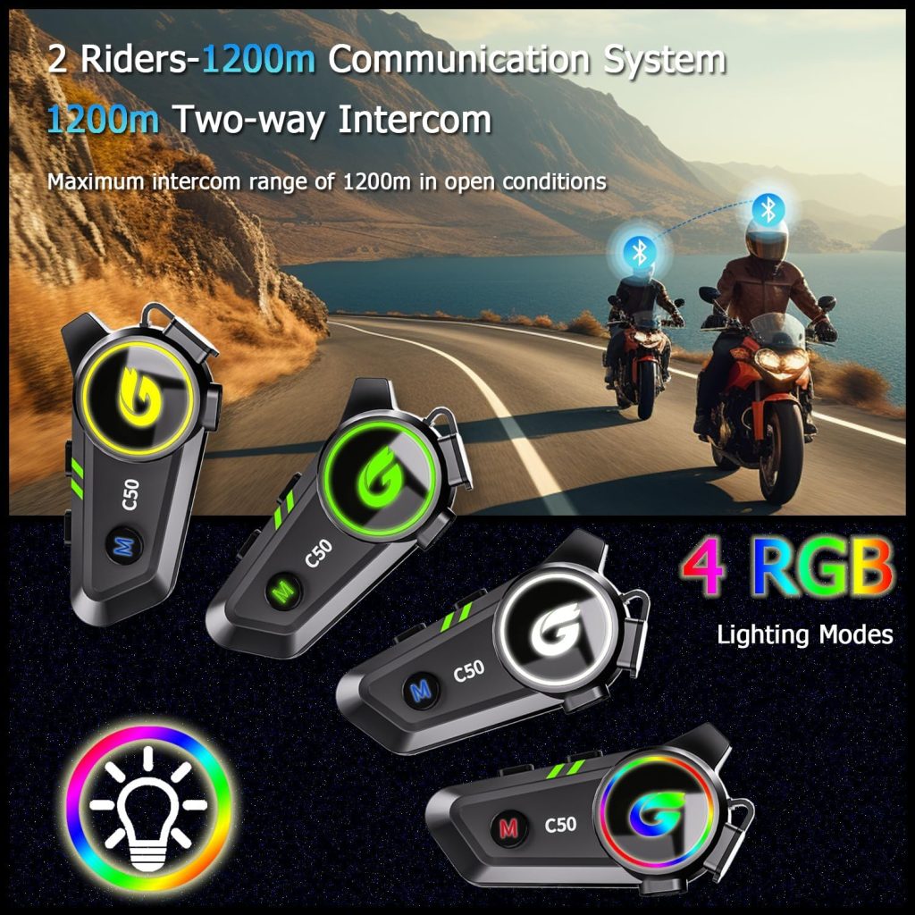 ZHIDUOXING Motorcycle Bluetooth Headset,C50 Motorcycle Intercom 2 Riders Automatic Reconnection,Motorbike Intercom Auto Answer/Voice Control/Active NoiseReduction/IP67 Waterproof (2Pack)