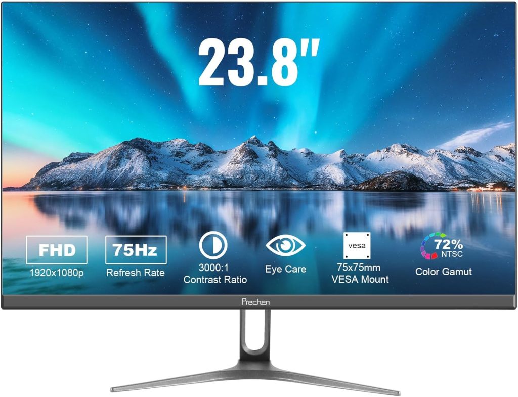 24 inch Ultra-Thin Bezel Computer Monitor FHD 1080P Business Monitor, LED PC Screen Desktop Monitor, HDMI, VGA, 75Hz Gaming Display, 3000:1, Eye Care, VESA Mountable, Black