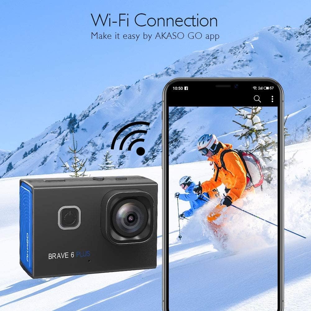 AKASO Brave 6 Plus Native 4K30FPS 20MP WiFi Action Camera with Touch Screen EIS Voice Control Remote Control 131 Feet Underwater Camera with 2 Batteries and Helmet Accessories Kit