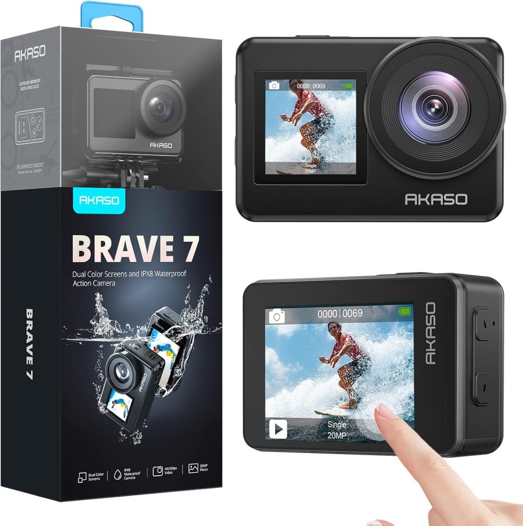 AKASO Brave 7 Action Camera, IPX8 Waterproof Underwater Camera Native 4K 20MP WiFi Cam with Touch Screen EIS 2.0 Zoom Support External Mic Voice Control Vlog Camera