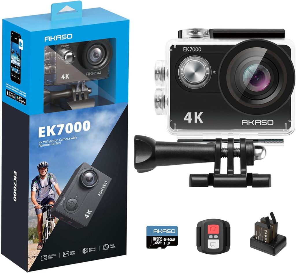 AKASO EK7000 4K30FPS Action Camera with 64GB microSDXC Memory Card - 20MP Ultra HD Underwater Camera 170 Degree Wide Angle 98FT Waterproof Camera with Accessory Kit