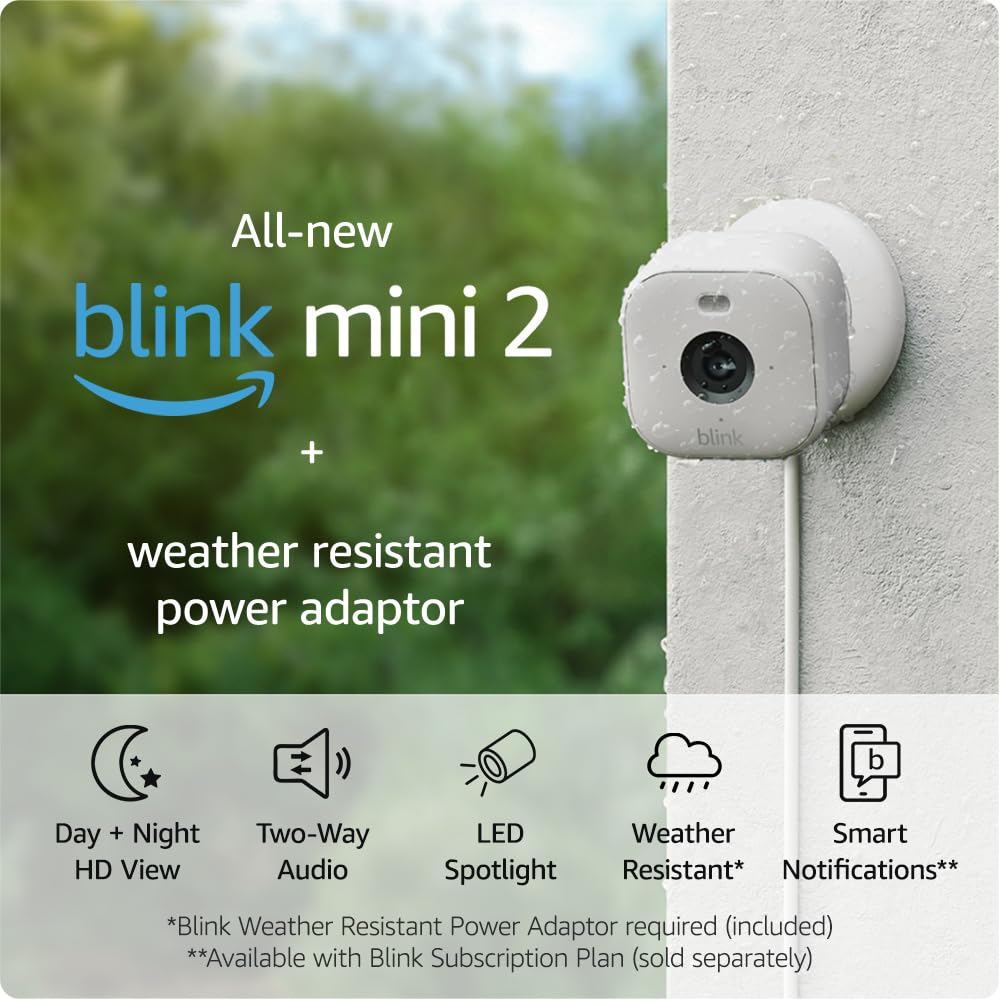 All-New Blink Mini 2 + Weather Resistant Adaptor – Plug-in smart security camera, indoor/outdoor, HD night view in colour, two-way audio, motion detection, works with Alexa (White)