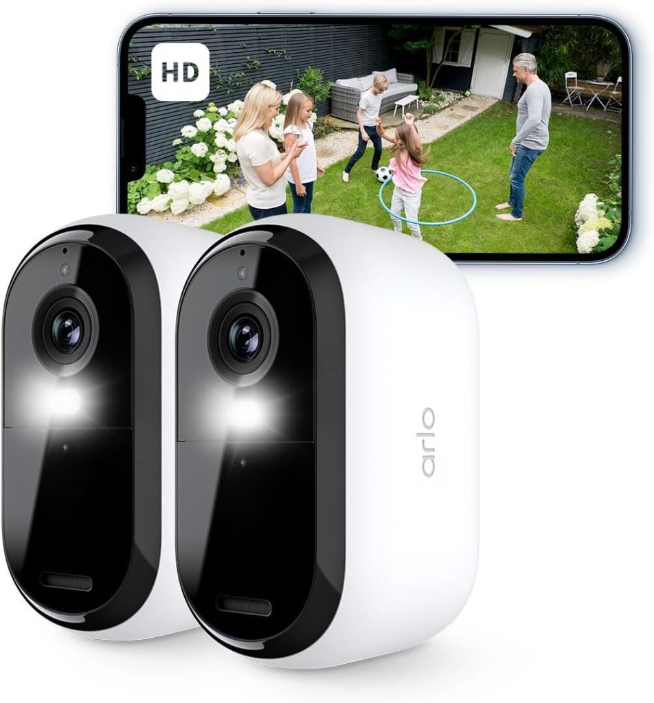 Arlo Essential 2 HD Video Security Camera Outdoor, 6-Month Battery Operated Home Camera With Colour Night Vision, Light, Siren, 2 Way Audio  WiFi, Arlo Secure Free Trial, 2 Cameras, White