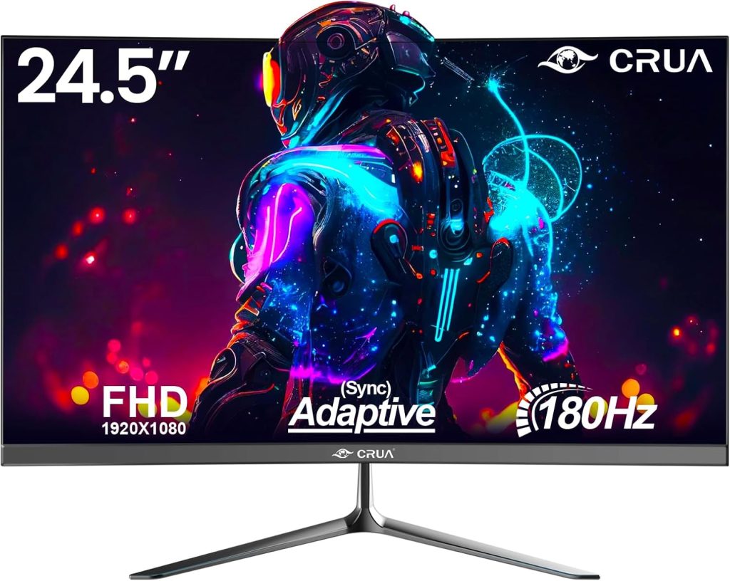 CRUA Monitor Gaming Monitor, 25 Inch 180Hz Curved Computer Monitor, Full HD 1080P Frameless Desktop Monitor, 1ms GTG with FreeSync, Low Motion Blur, Eye Care, VESA, DisplayPort, HDMI, Black