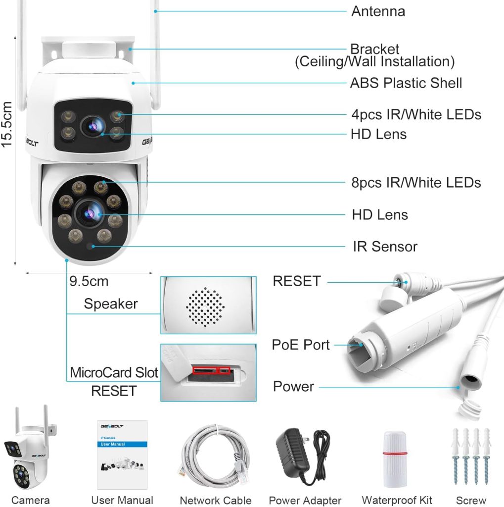 GENBOLT PTZ WiFi Security Camera Outdoor, CCTV Home Surveillance Camera with Dual View, Dual lens IP Camera with Color Night, Auto Tracking Humanoid Detection [DCPoE]