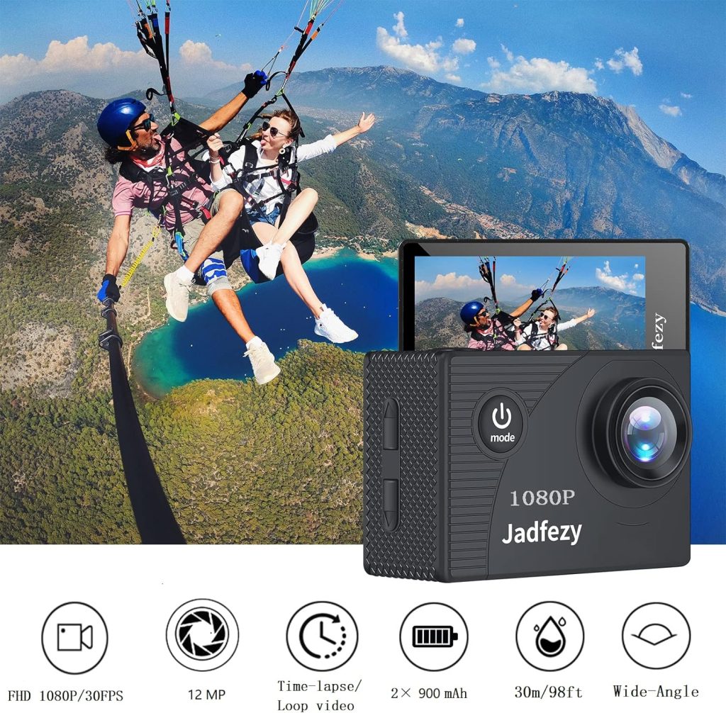 Jadfezy Action Camera FHD 1080P 12MP, 98FT/30M Underwater Waterproof Camera with 2 Rechargeable Batteries, Wide Angle sports camera with Accessories Kit Suitable for Helmet, Bicycle, etc.