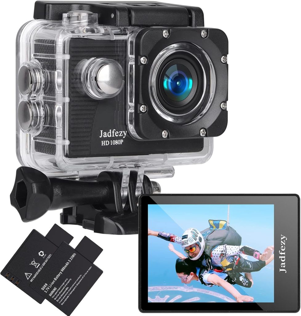 Jadfezy Action Camera FHD 1080P 12MP, 98FT/30M Underwater Waterproof Camera with 2 Rechargeable Batteries, Wide Angle sports camera with Accessories Kit Suitable for Helmet, Bicycle, etc.