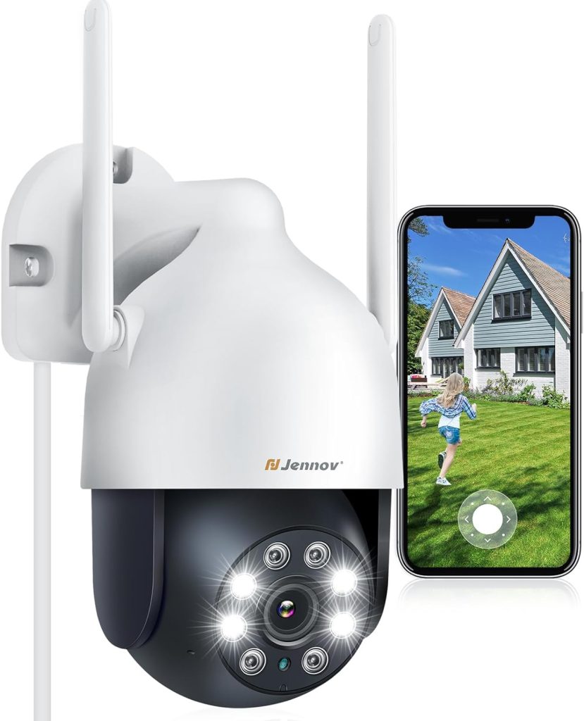 Jennov 2K Security Camera Outdoor, PTZ Wifi Home CCTV Camera 360° View with Auto Tracking, 24/7 Recording, Color Night Vision, Motion Detection, 2-way audio, Sound-Lights Alarm