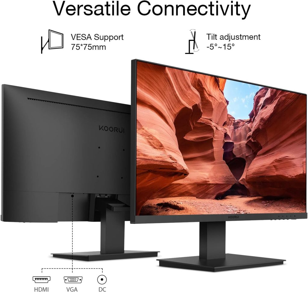 KOORUI 24 Inch FHD Monitor, Ultra-slim Bezels, 75Hz, VA Display, 5ms, Low Blue Light, 75 x 75 mm VESA Mountable, Adjustable Tilt, Black (1920 x 1080, HDMI/VGA)