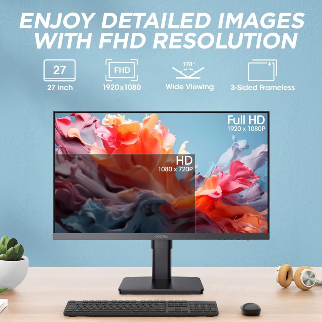 KOORUI 27-Inch Gaming Monitor, Fast VA Panel 2560 * 1440P, R1800, 144Hz, 1ms, DCI-P3 85%, DP+HDMI, Game Mode, Eye Protection, Rocker Button Three-Sided Narrow Bezel Design