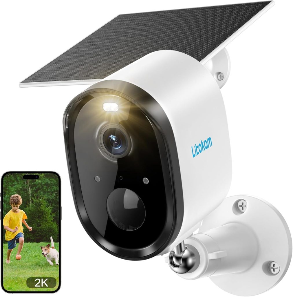 litokam Little elf Security Camera Outdoor, 2K WiFi CCTV Home Security Camera with Solar Panel  Color Night Vision, Battery Operated Indoor Camera with 2-Way Audio, Works with Alexa