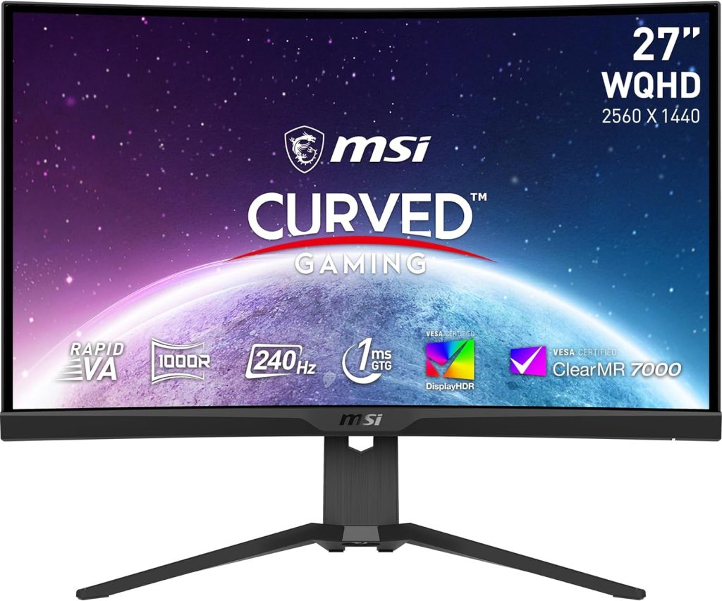 MSI MAG 275CQRXF 27 Inch WQHD Curved Gaming Monitor - 1000R, 2560 x 1440 Rapid VA Panel, 240 Hz / 1ms, 116% sRGB, DisplayHDR 400, Adaptive Sync, Mystic Light - DP 1.4a, HDMI 2.0b, USB Type-C