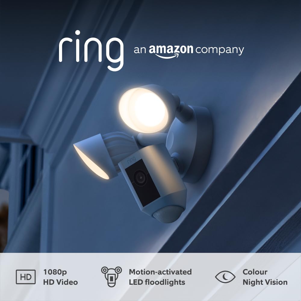 Ring Floodlight Cam Wired Plus by Amazon | Outdoor Security Camera 1080p HD Video, LED Floodlights, Siren, Wifi, Hardwired | alternative to CCTV system | 30-day free trial of Ring Protect | White