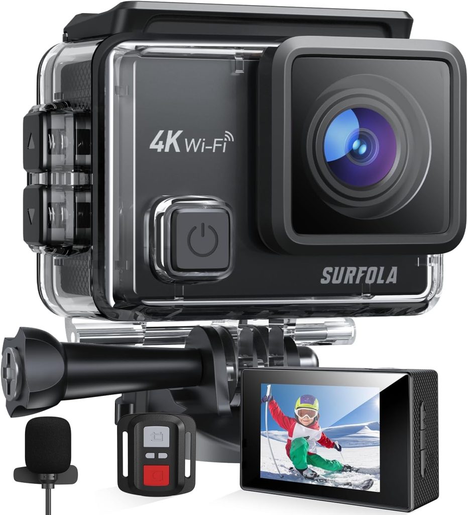 Surfola 4K 30fps Action Camera SF230, 131ft Waterproof Underwater Camera for Snorkeling, 20MP WiFi EIS Camera for Vlogging, External Mic, 2 Rechargeable Batteries, Remote Control, Accessories Kit