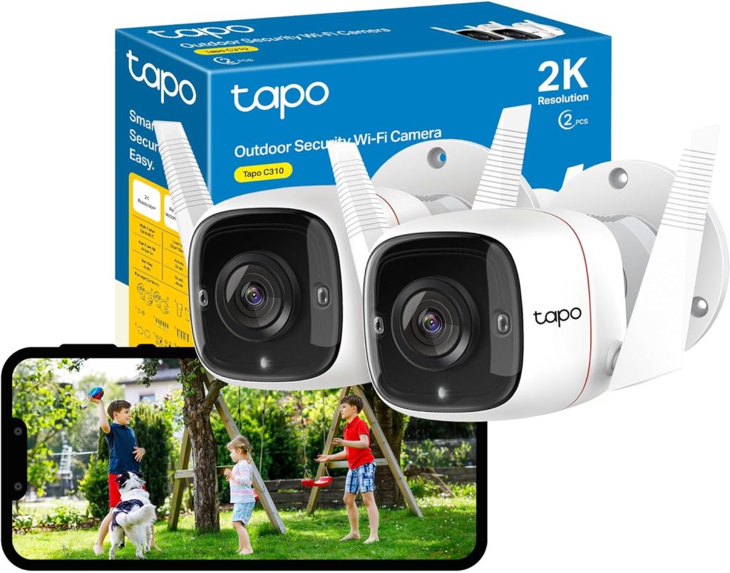 Tapo 2K Wireless Outdoor Security Camera,Motion Detection,IP66 Weatherproof,Built-in Siren, 2-way Audio,3MP,Night Vision,Cloud SD Card Storage,Works with Alexa  Google Home,2pack (Tapo C310P2) White