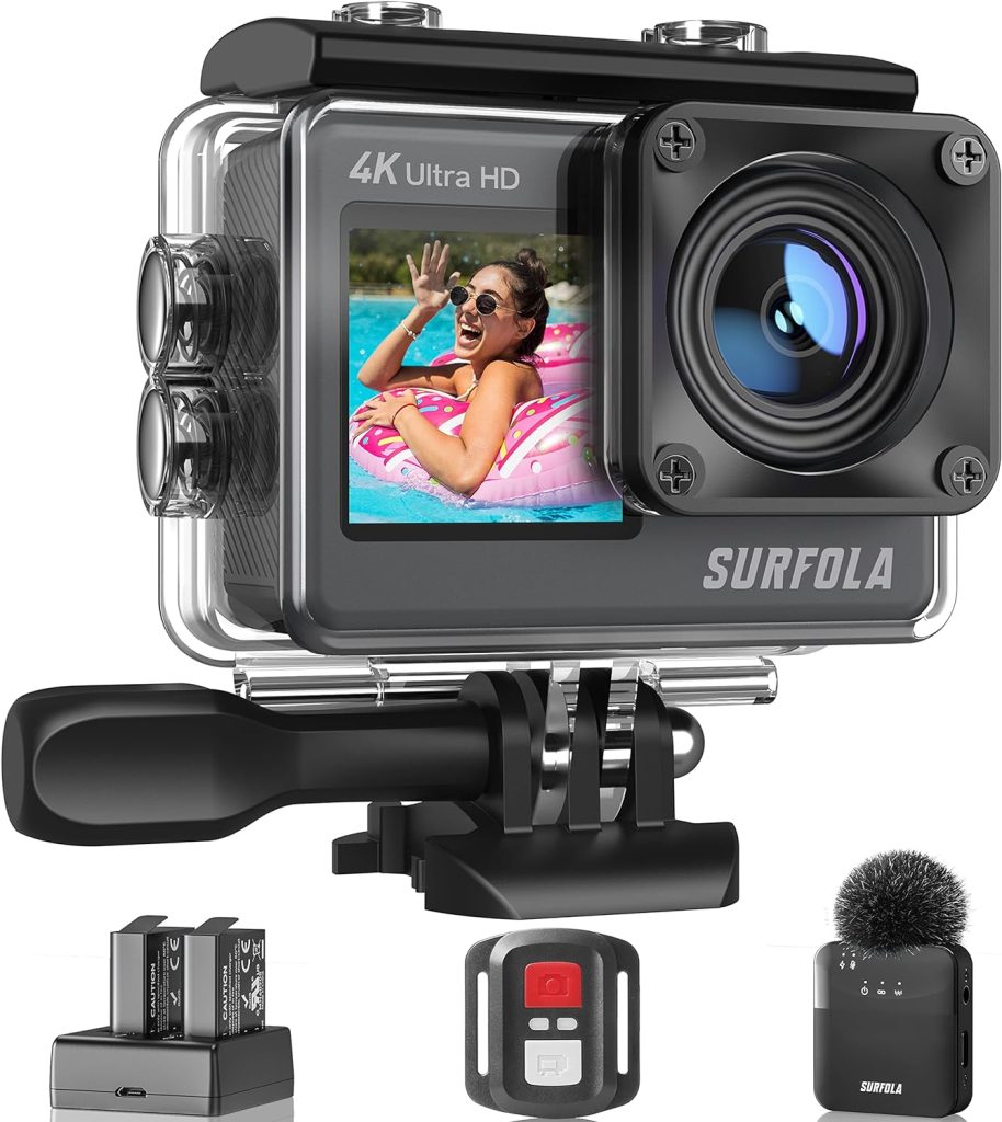 【Wireless Mic】Action Camera SF530 4K 60fps, WIFI 24MP 131ft Waterproof Camera, Underwater Camera for Snorkeling, Dual Screen Vlogging Camera with EIS, Remote Control, 2 Chargeable Batteries