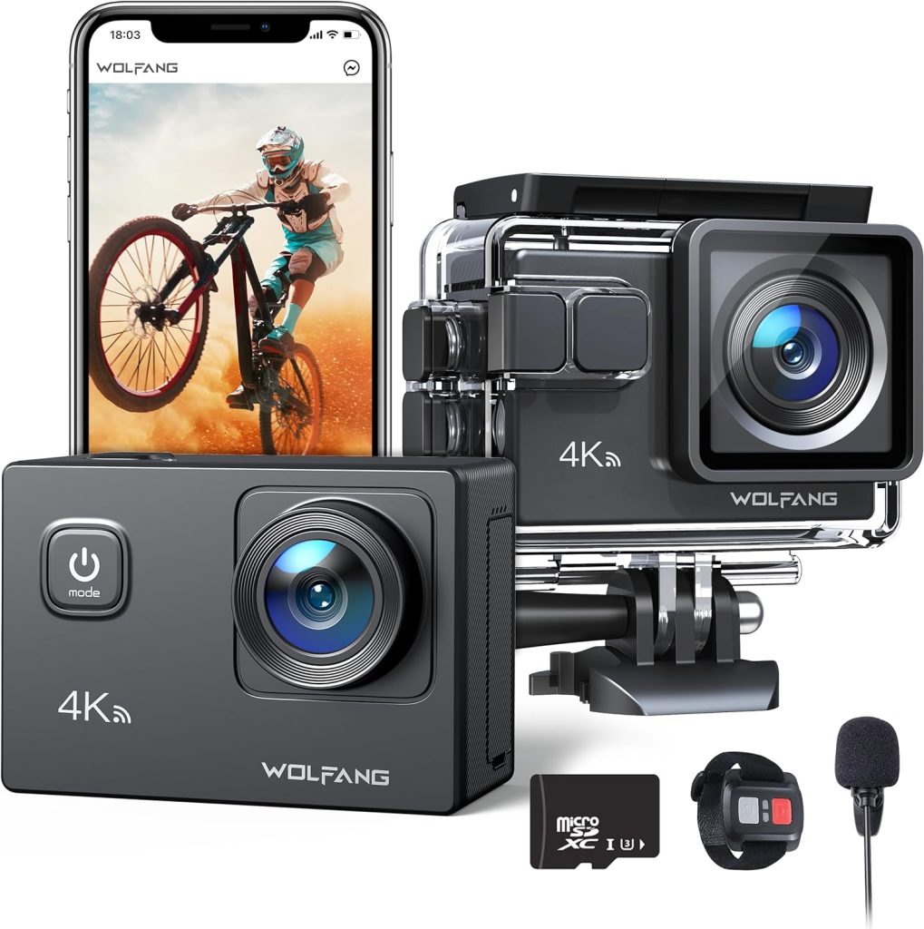 WOLFANG Action Camera GA100 with 32GB microSDXC Memory Card 4K 30FPS 20MP Underwater Camera Waterproof 40M, WiFi Vediocamera with Dual Mic, 170° Wide Angle, EIS Anti-shake, Various Accessories