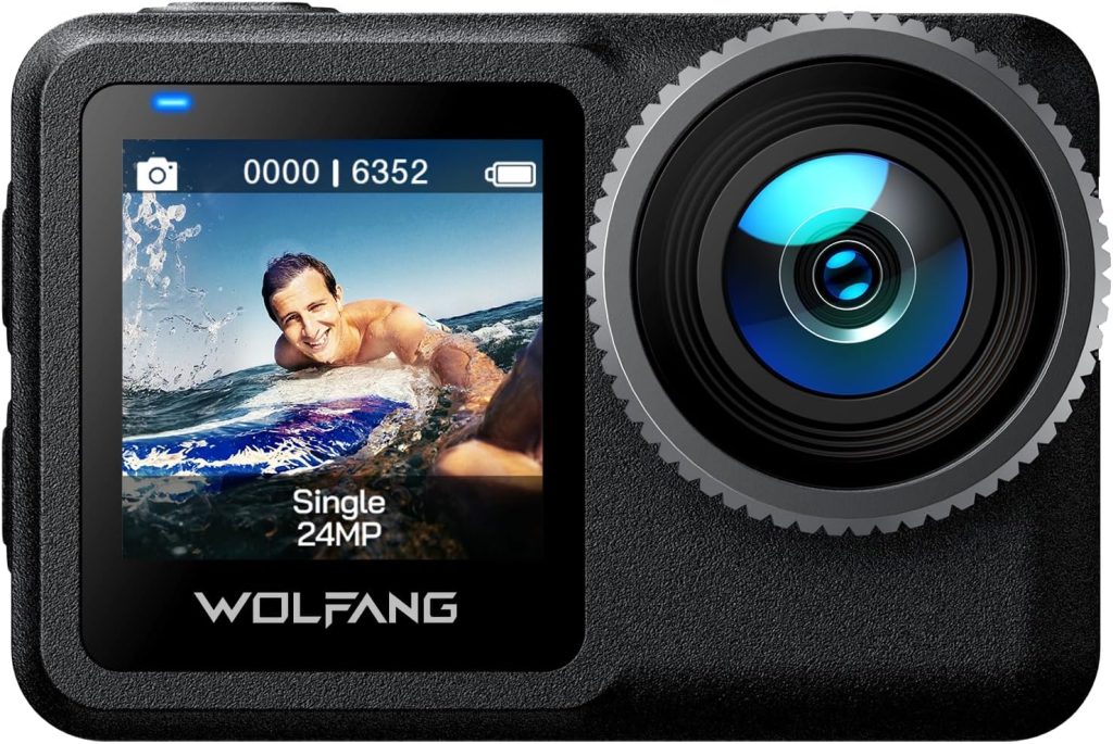 WOLFANG Action Camera GA440 Native 4K 60FPS 24MP, 40M Waterproof Underwater Camera, 2.2” Big Touchscreen, 5G WiFi Transmission, EIS, Internal 1650mAh Battery and 64GB Storage, Accessories Kit