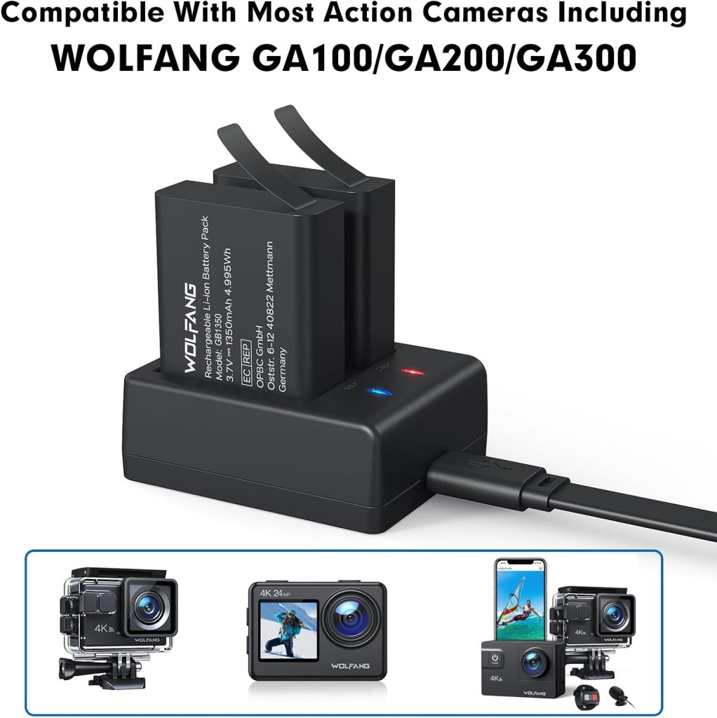 WOLFANG Action Camera Kit, Charging Kit with Two 1350 mAh Batteries and USB Charger GA100 / GA200 / GA300