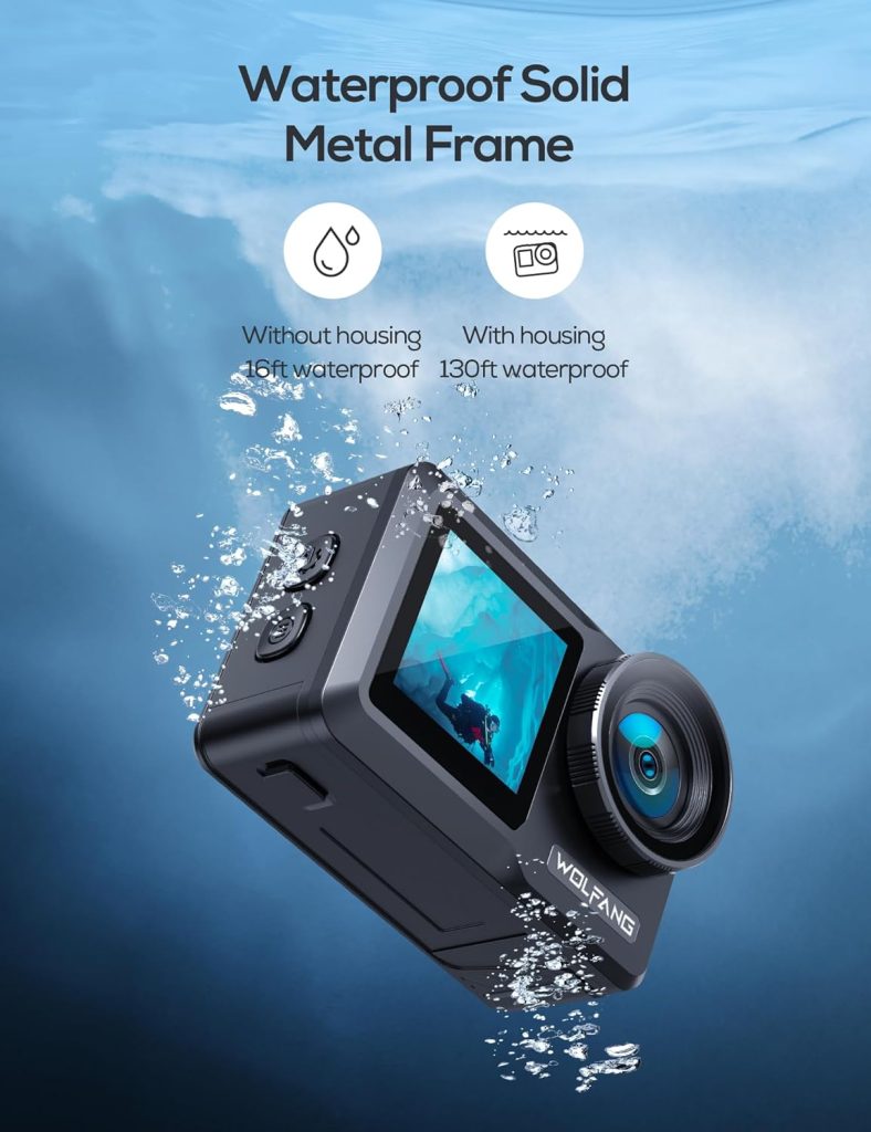 WOLFANG GA460 Action Camera 6K 24MP, 40M Waterproof Underwater Camera for Snorkeling, 10 x Zoom 160° Wide Angle WiFi Dual Screen Vlog Camera with External Microphone, 2x 1350mAh Batteries, Charger