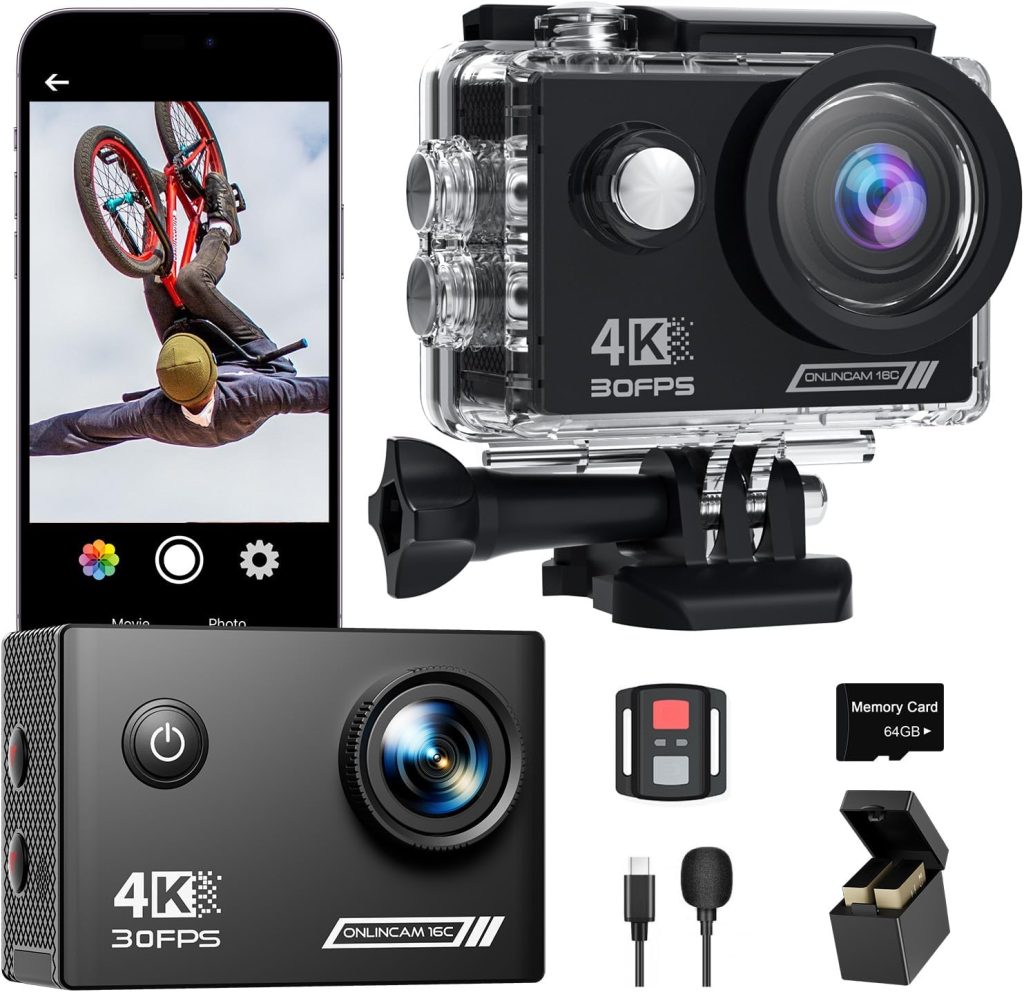 Yolansin 4K Waterproof Action Camera: 64G SD Card 131ft Underwater Camera,HD 20MP Waterproof Camera,WiFi Sports Cameras with 2 Batteries Helmet Mount Accessories Kits