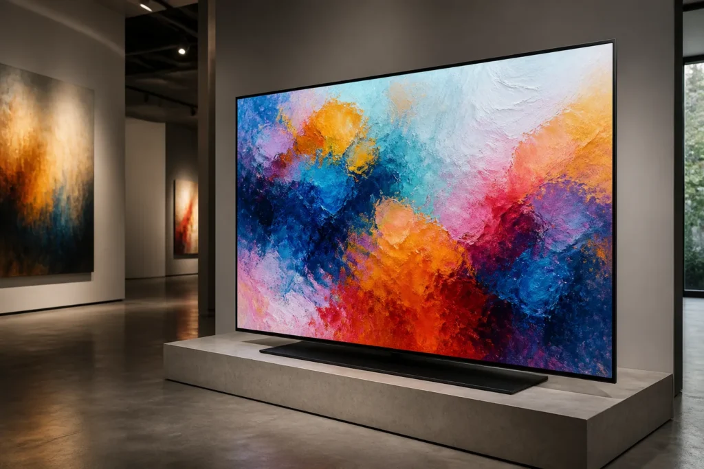 A premium 4K Hi-QLED television shown at a slight angle in a stylish art gallery, displaying a vivid abstract artwork with rich color, fine texture, a...