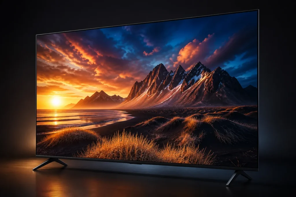 A premium 55-inch 4K television as the single subject, shown at a slight angle in a dark studio, displaying a vivid cinematic landscape with deep blac...