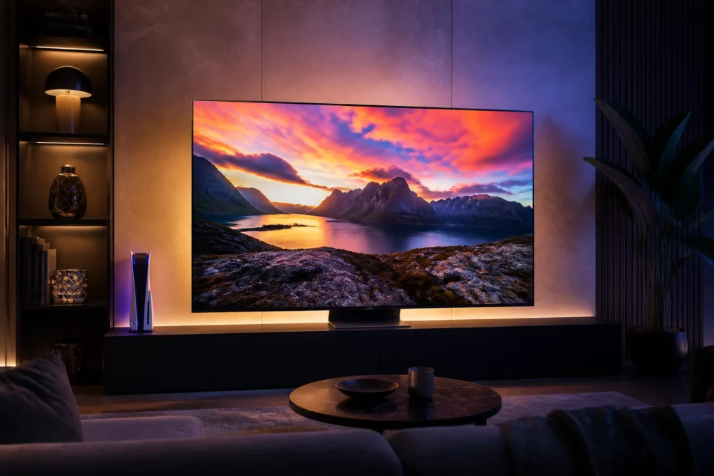 A premium 65-inch Samsung-style 4K Mini LED smart TV as the sole focal object, displayed in a sleek modern living room with vivid HDR colors, deep bla...