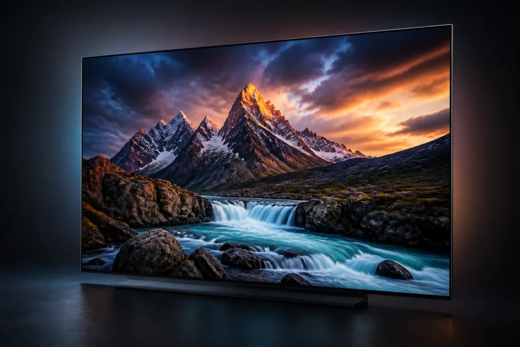 A premium frameless MiniLED television as the single subject, displaying a vivid high-contrast nature scene with deep blacks, bright highlights, and r...