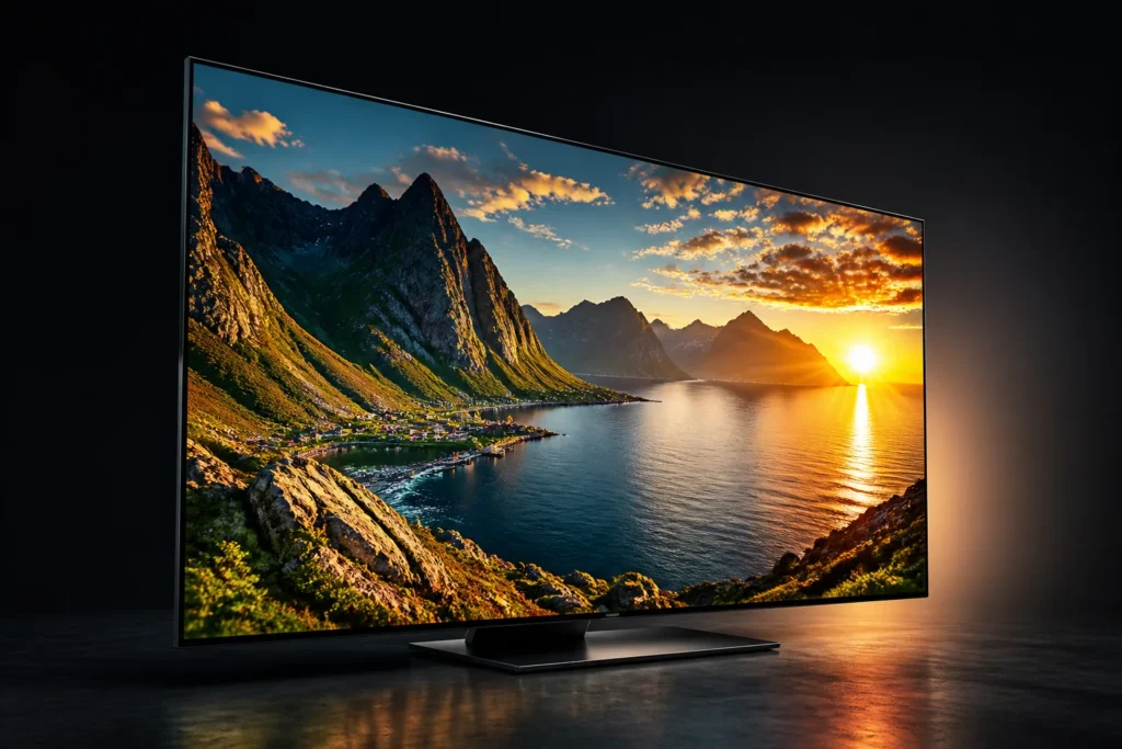A premium Mini LED television in a dark studio, shown at a three-quarter angle with its screen displaying a vivid natural landscape. Emphasize razor-s...