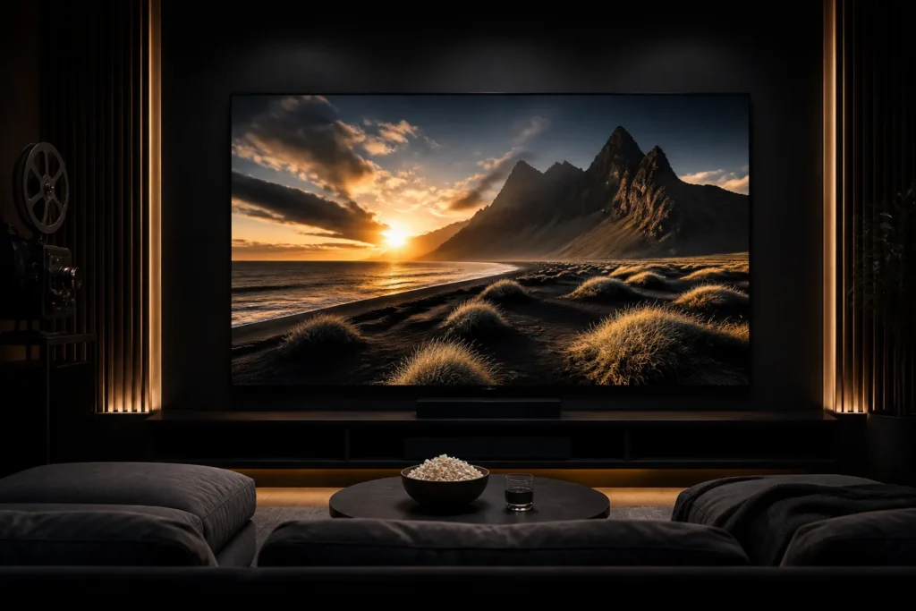 A premium modern television in a dark home theater, displaying a vivid cinematic landscape with deep shadows, bright highlights, and natural colors to...