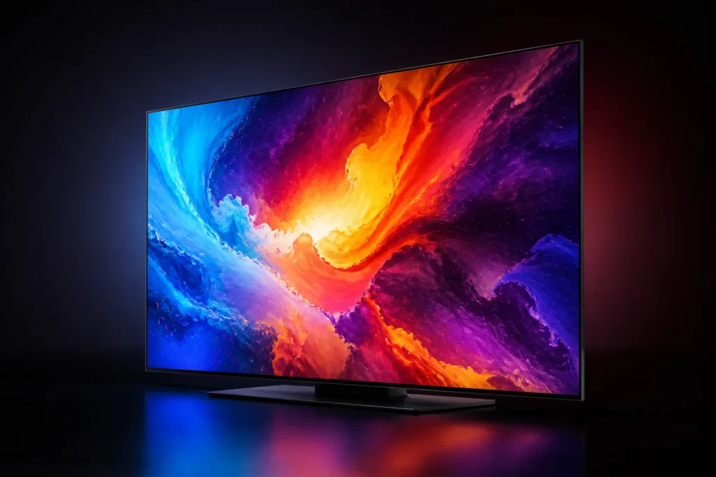 A premium modern television in a dark studio, displaying a vivid abstract scene with intensely saturated quantum-dot colours, luminous highlights, dee...
