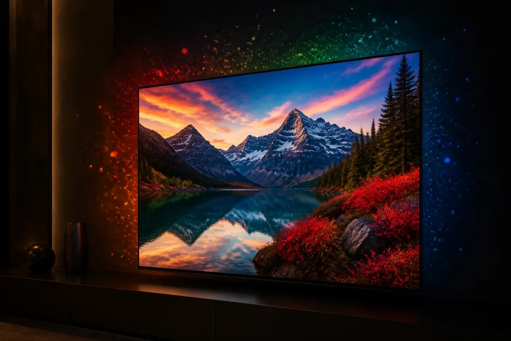A premium modern TV viewed at a slight angle in a dark, elegant room, displaying a vivid lifelike scene with rich reds, greens, and blues. Subtle glow...