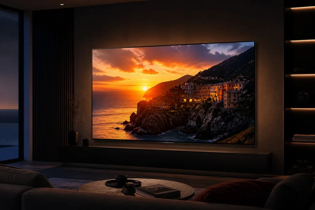 A premium NanoCell television in a dark cinematic room, displaying a vivid HDR10 sunset landscape with deep shadows and natural colors, subtle film-li...