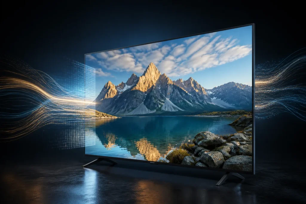 A premium Samsung Q7FA television in a sleek dark studio, displaying a vivid lifelike 4K landscape with crisp fine detail. Subtle glowing neural-proce...